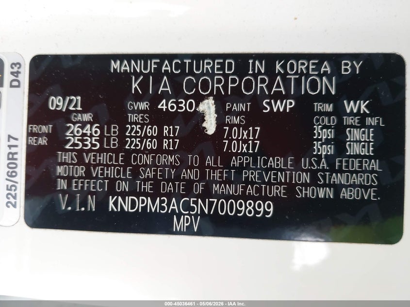2022 Kia Sportage VIN KNDPM3AC5N7009899 IAAI salvage auction — FRONT END, Rebuildable (Florida), sold $2,250 on 2026-07-23 (photo 9)