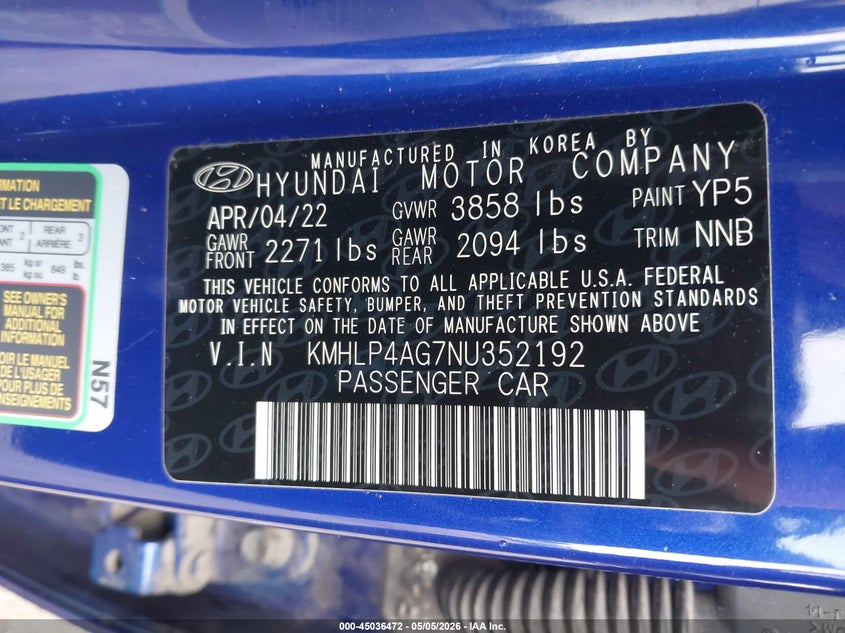 2022 Hyundai Elantra VIN KMHLP4AG7NU352192 IAAI salvage auction — REAR END, Salvage (Illinois), sold $4,000 on 2026-07-15 (photo 9)