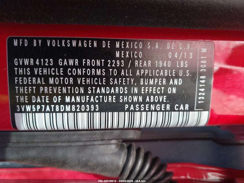 2013 Volkswagen Beetle VIN 3VW5P7AT8DM820393 IAAI salvage auction — REAR END, Salvage (North Carolina), sold $750 on 2026-07-09 (photo 9)