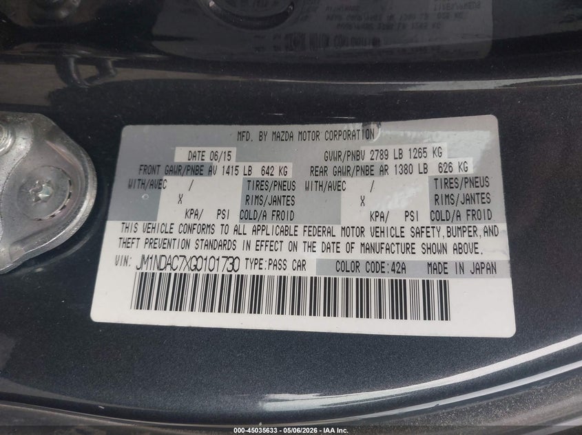 2016 Mazda Mx-5 VIN JM1NDAC7XG0101730 IAAI salvage auction — LEFT REAR, Salvage - Greater Than 75% (Maryland), sold $1,400 on 2026-07-06 (photo 9)