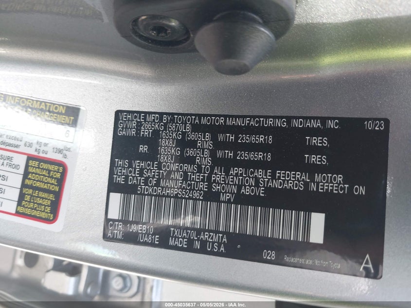 2023 Toyota Highlander VIN 5TDKDRAH6PS524962 IAAI salvage auction — FRONT END, Salvage (Georgia), sold $9,000 on 2026-07-21 (photo 9)