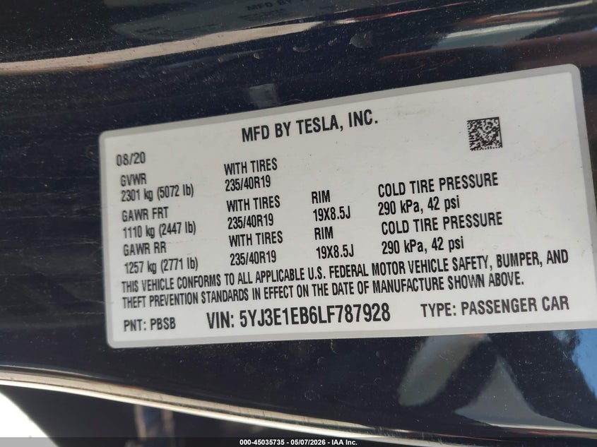 2020 Tesla Model 3 VIN 5YJ3E1EB6LF787928 IAAI salvage auction — HAIL, Salvage (Ohio), sold $5,300 on 2026-07-30 (photo 9)