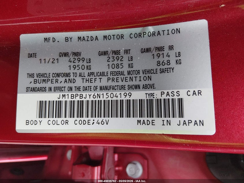 2022 Mazda 3 VIN JM1BPBJY6N1504199 IAAI salvage auction — HAIL, Salvage (Kansas), sold $8,300 on 2026-07-22 (photo 9)