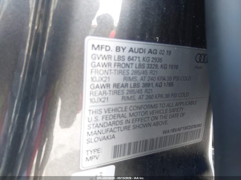 2019 Audi Q8 VIN WA1BVAF19KD030362 IAAI salvage auction — REAR END, Salvage (Illinois), sold $17,700 on 2026-07-28 (photo 9)