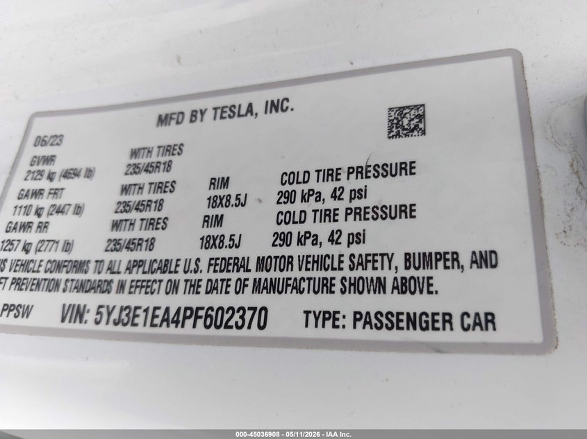 2023 Tesla Model 3 VIN 5YJ3E1EA4PF602370 IAAI salvage auction — RIGHT FRONT, Original (Texas), sold $8,200 on 2026-07-16 (photo 9)