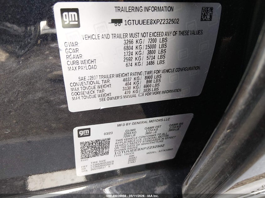 2023 Gmc SIERRA VIN 1GTUUEE8XPZ232502 IAAI salvage auction — FRONT END, Salvage (Tennessee), sold $25,200 on 2026-07-09 (photo 9)