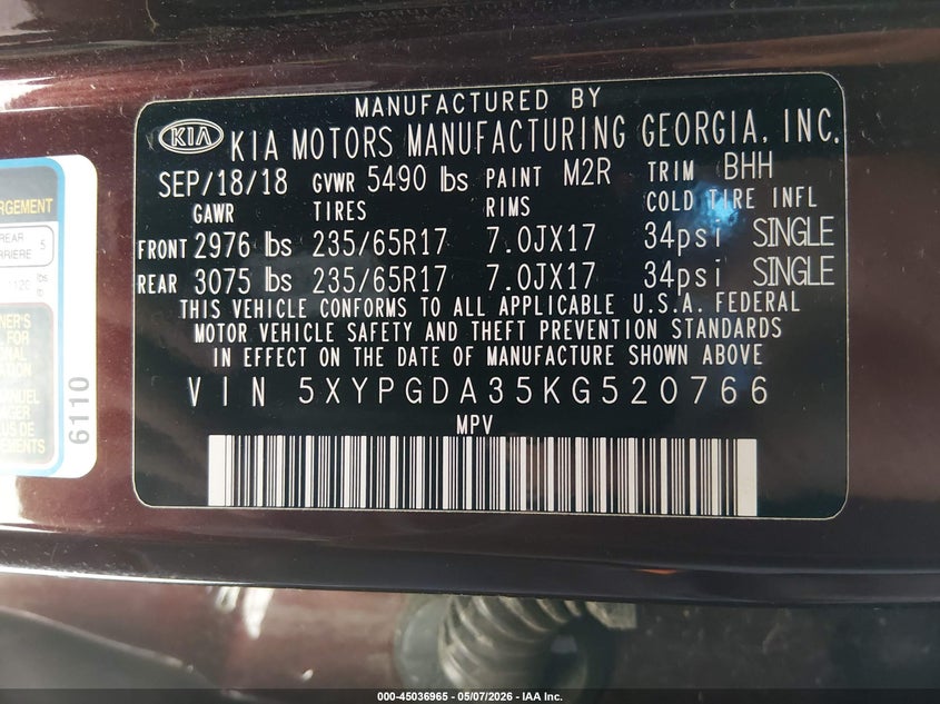 2019 Kia Sorento VIN 5XYPGDA35KG520766 IAAI salvage auction — FRONT END, Salvage (Maine), sold $950 on 2026-07-13 (photo 9)