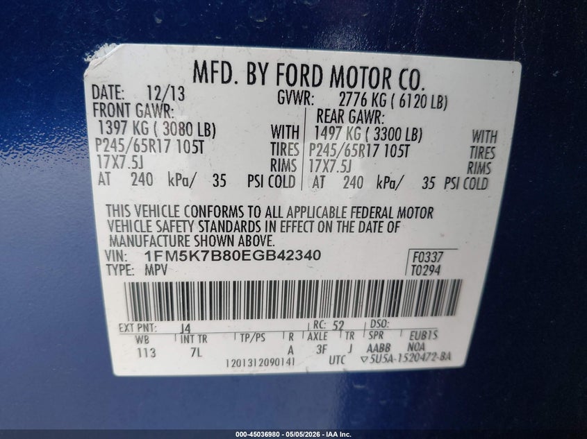 2014 Ford Explorer VIN 1FM5K7B80EGB42340 IAAI salvage auction — LEFT REAR, Salvage (Texas), sold $725 on 2026-07-09 (photo 9)