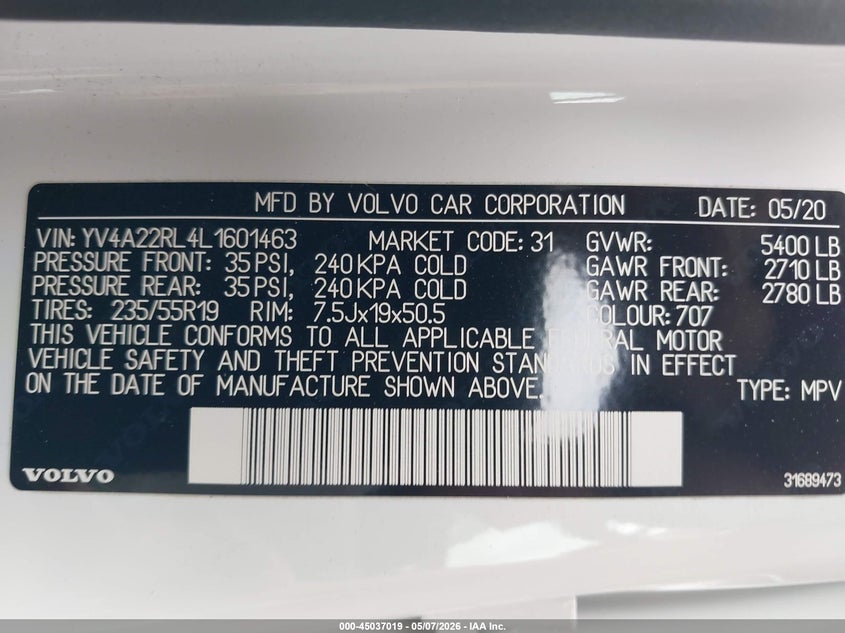 2020 Volvo Xc60 VIN YV4A22RL4L1601463 IAAI salvage auction — BIO HAZARD, Salvage (Oregon), sold $1,550 on 2026-07-06 (photo 9)