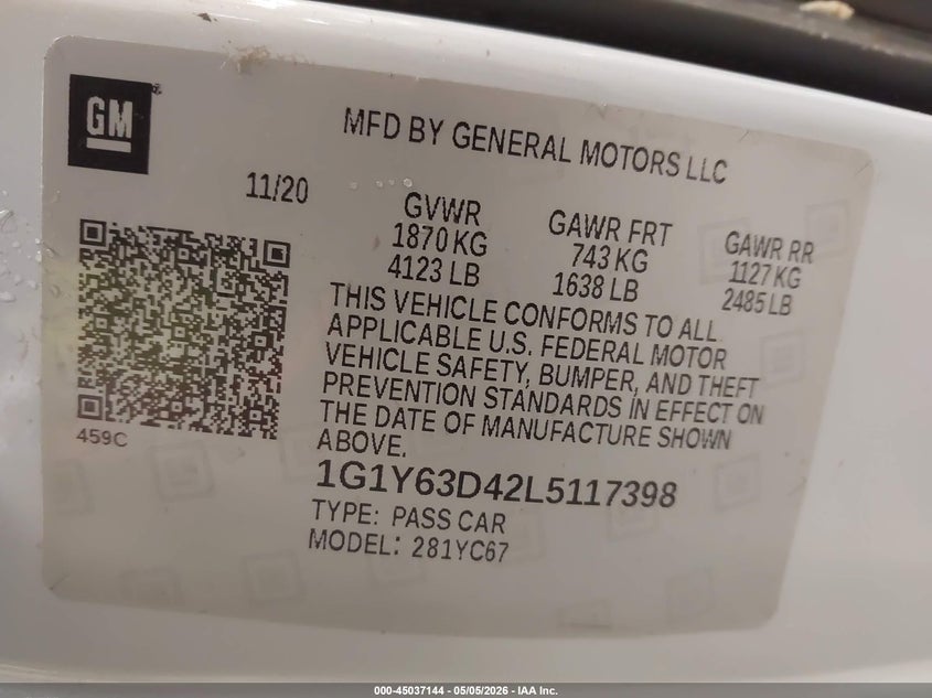 2020 Chevrolet Corvette VIN 1G1Y63D42L5117398 IAAI salvage auction — FRONT & REAR, Salvage (Colorado), sold $26,250 on 2026-07-29 (photo 9)