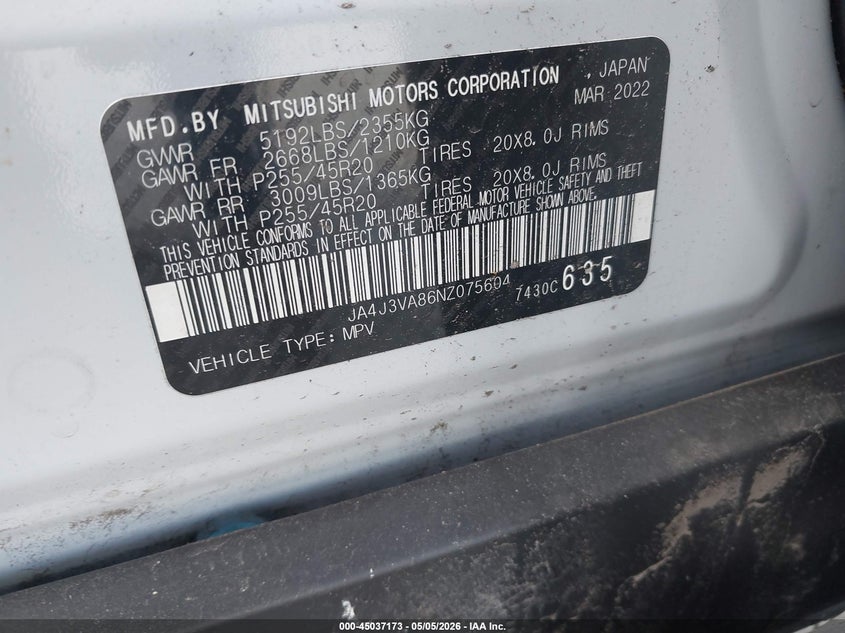 2022 Mitsubishi Outlander VIN JA4J3VA86NZ075604 IAAI salvage auction — ALL OVER, Salvage (Idaho), sold $575 on 2026-07-07 (photo 9)