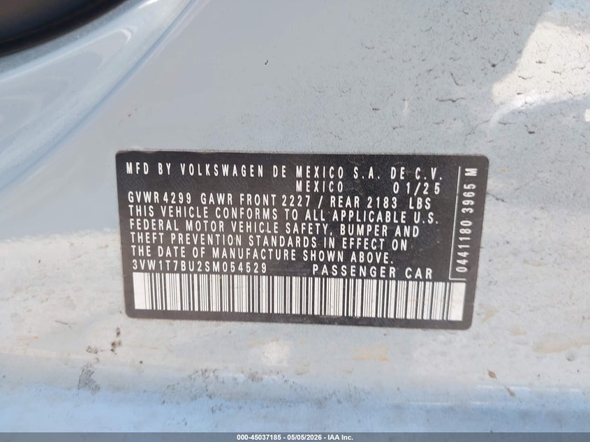 2025 Volkswagen Jetta VIN 3VW1T7BU2SM054529 IAAI salvage auction — REAR END, Salvage Title, sold $11,350 on 2026-07-29 (photo 9)