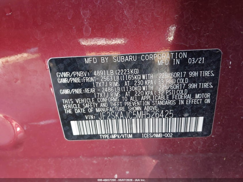 2021 Subaru Forester VIN JF2SKAJC5MH526425 IAAI salvage auction — ROLLOVER, Salvage (Nebraska), sold $1,650 on 2026-07-30 (photo 9)