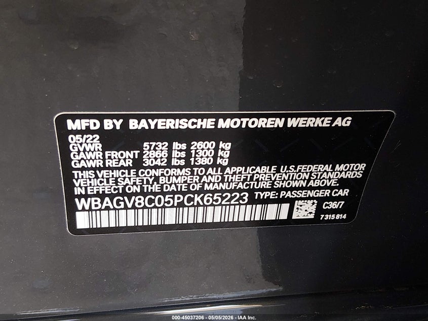 2023 BMW 8er VIN WBAGV8C05PCK65223 IAAI salvage auction — FRONT END, Salvage (New Jersey), sold $28,250 on 2026-07-20 (photo 9)