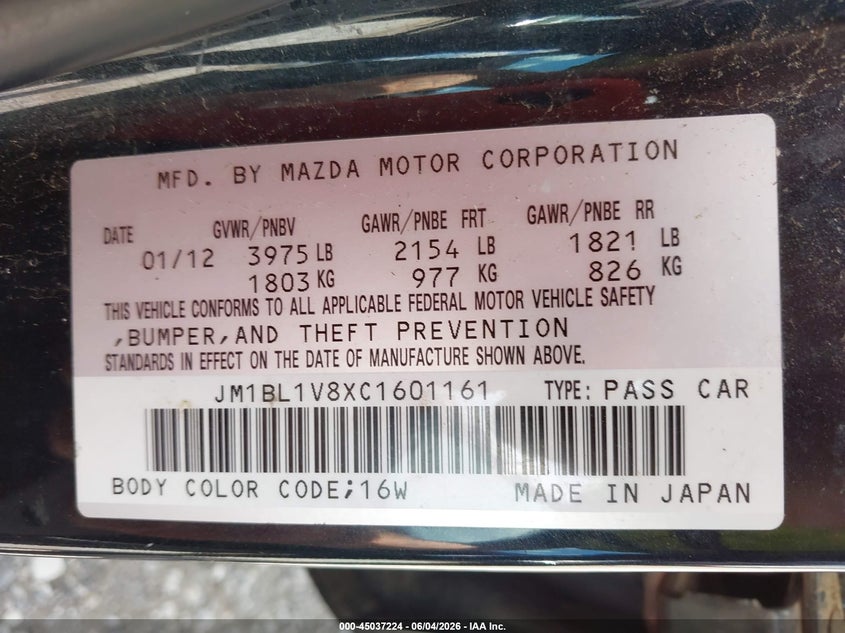 2012 Mazda 3 VIN JM1BL1V8XC1601161 IAAI salvage auction — LEFT REAR, Salvage (Idaho), sold $600 on 2026-07-15 (photo 9)
