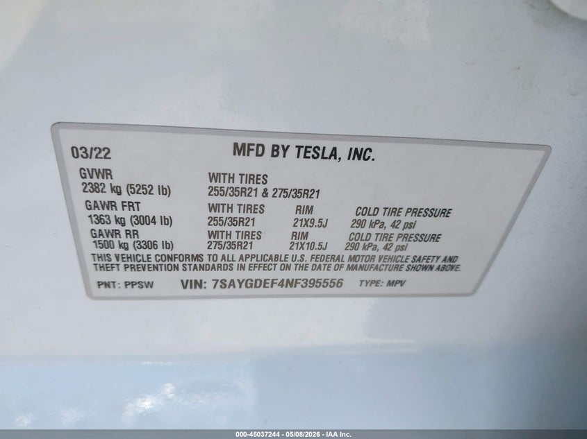 2022 Tesla Model y VIN 7SAYGDEF4NF395556 IAAI salvage auction — RIGHT FRONT, Salvage (Arizona), sold $12,550 on 2026-07-09 (photo 9)