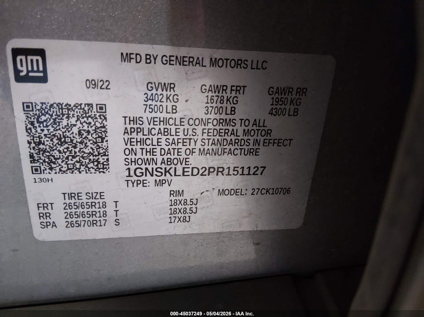 2023 Chevrolet Tahoe VIN 1GNSKLED2PR151127 IAAI salvage auction — Normal Wear, SF97 (Alabama), sold $27,300 on 2026-06-11 (photo 9)