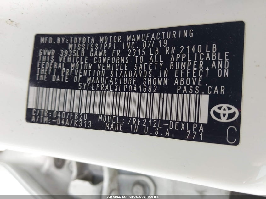 2020 Toyota Corolla VIN 5YFEPRAEXLP041682 IAAI salvage auction — FRONT & REAR, Salvage (Texas), sold $2,700 on 2026-07-06 (photo 9)
