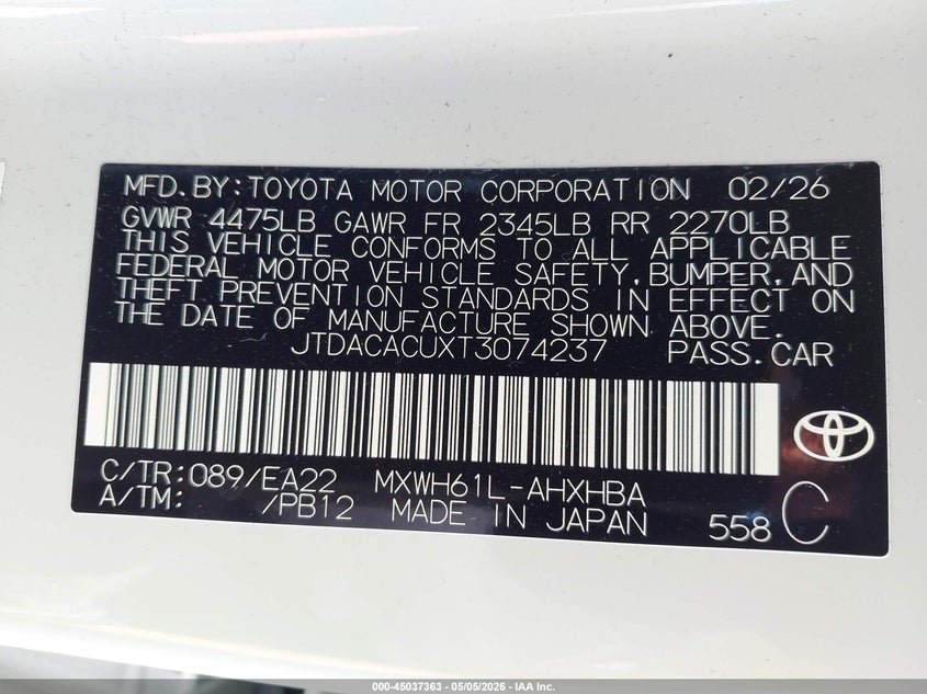 2026 Toyota Prius VIN JTDACACUXT3074237 IAAI salvage auction — RIGHT SIDE, Salvage (California), sold $18,000 on 2026-07-15 (photo 9)
