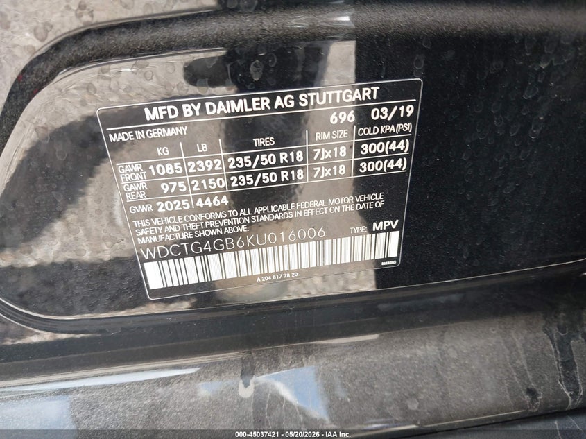 2019 Mercedes-benz Gla-klasse VIN WDCTG4GB6KU016006 IAAI salvage auction — FRONT END, Salvage (Illinois), sold $3,000 on 2026-07-22 (photo 9)