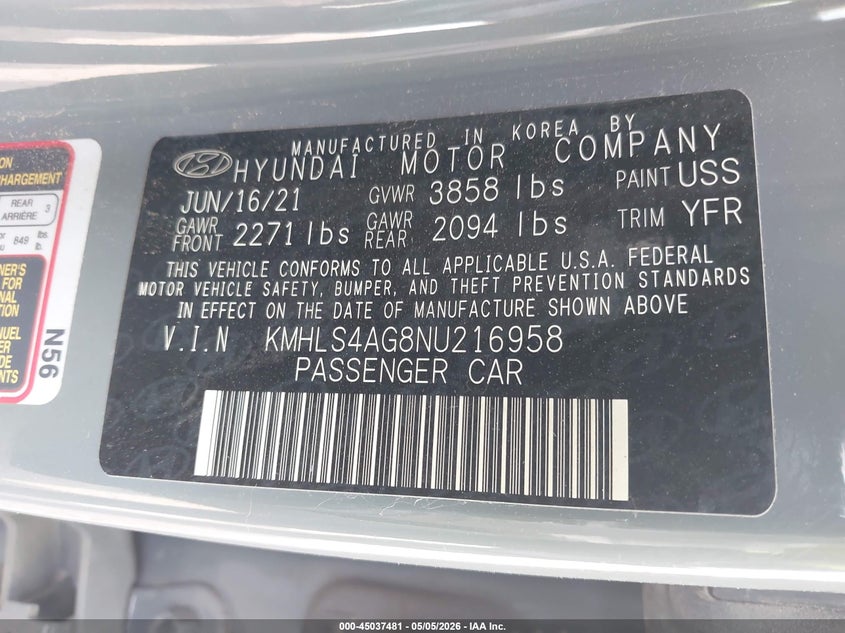 2022 Hyundai Elantra VIN KMHLS4AG8NU216958 IAAI salvage auction — FRONT END, Original (Texas), sold $5,500 on 2026-07-07 (photo 9)