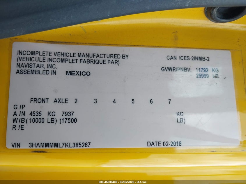 2019 International VIN 3HAMMMML7KL385267 IAAI salvage auction — UNKNOWN, Clear (California), sold $6,250 on 2026-07-08 (photo 8)