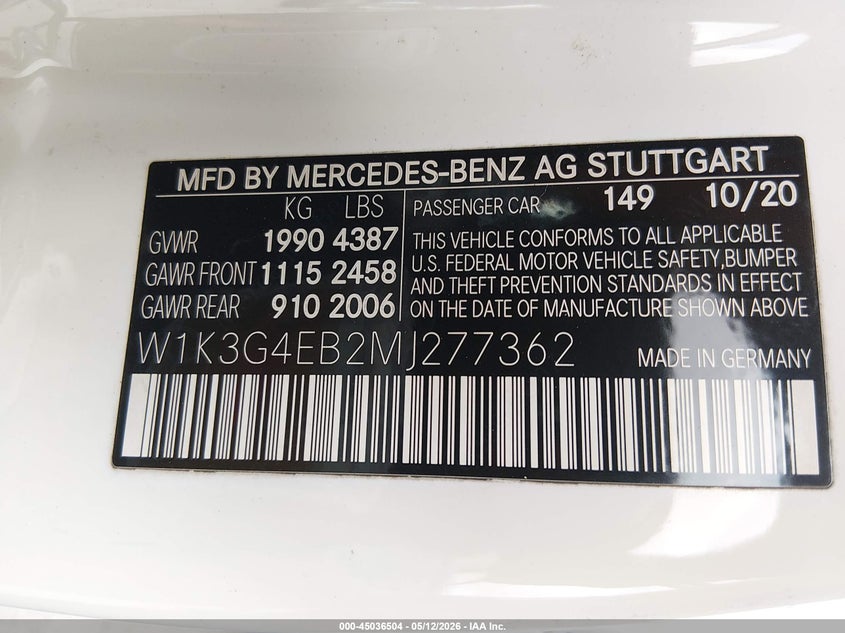 2021 Mercedes-benz A-klasse VIN W1K3G4EB2MJ277362 IAAI salvage auction — LEFT REAR, Salvage (California), sold $7,100 on 2026-07-30 (photo 9)