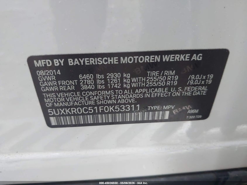 2015 BMW X5 VIN 5UXKR0C51F0K53311 IAAI salvage auction — LEFT REAR, Salvage - 75% Or Less (Maryland), sold $3,400 on 2026-07-29 (photo 9)