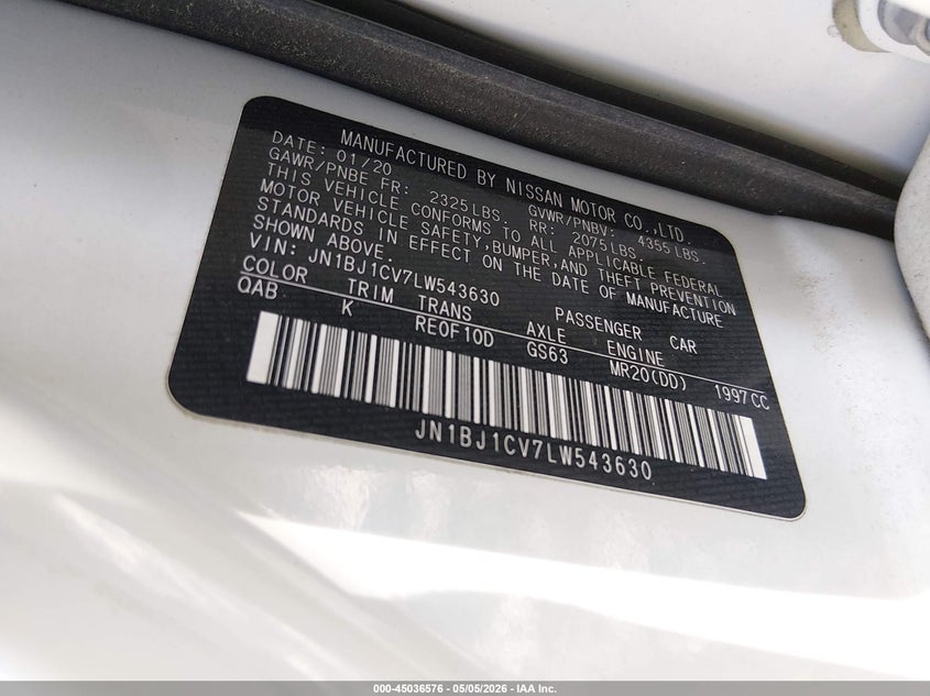 2020 Nissan Rogue VIN JN1BJ1CV7LW543630 IAAI salvage auction — FRONT END, Salvage (South Carolina), sold $2,050 on 2026-07-14 (photo 9)