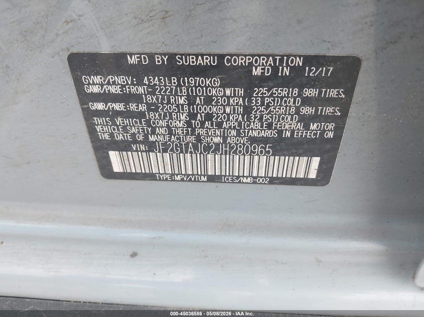2018 Subaru Xv VIN JF2GTAJC2JH280965 IAAI salvage auction — FRONT END, Original (Texas), sold $3,050 on 2026-07-10 (photo 9)