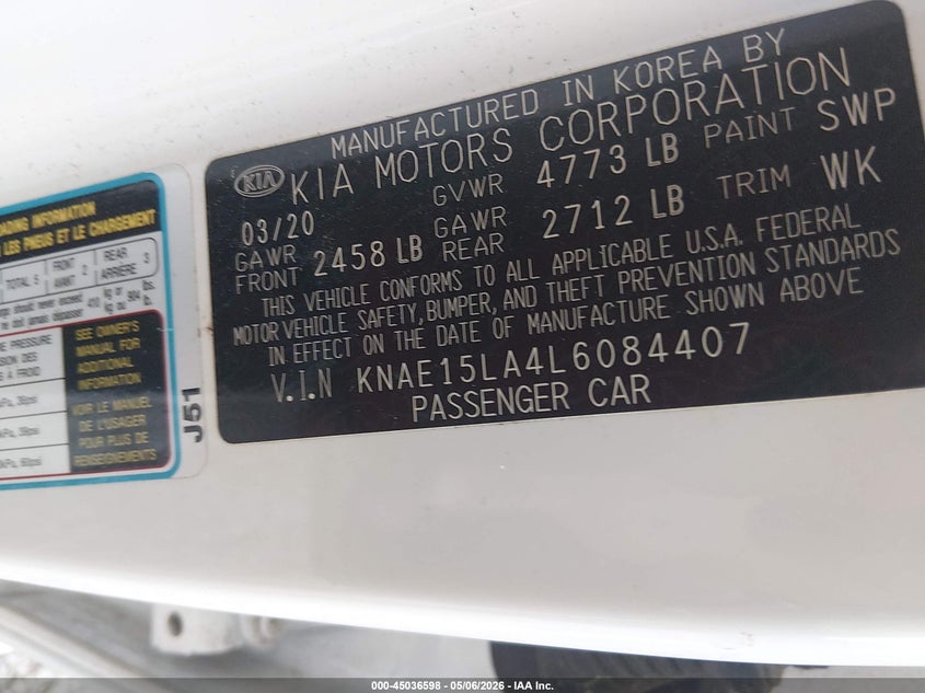 2020 Kia Stinger VIN KNAE15LA4L6084407 IAAI salvage auction — RIGHT SIDE, Salvage (Alabama), sold $2,750 on 2026-07-16 (photo 9)