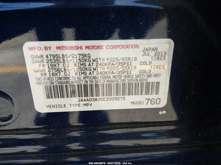 2014 Mitsubishi Outlander VIN JA4AD3A35EZ009275 IAAI salvage auction — FRONT END, Rebuildable (Florida), sold $900 on 2026-07-13 (photo 9)