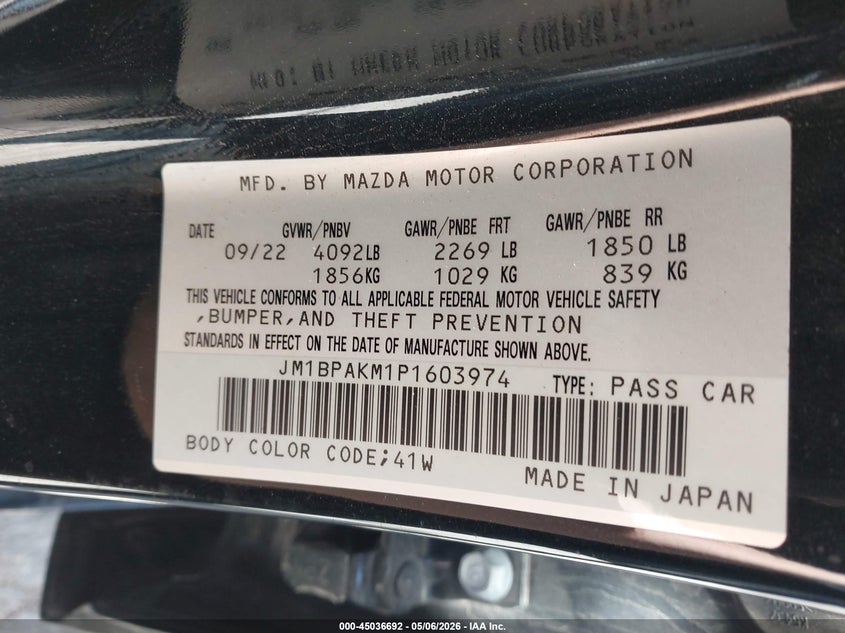 2023 Mazda 3 VIN JM1BPAKM1P1603974 IAAI salvage auction — LEFT SIDE, Original (Texas), sold $5,150 on 2026-07-21 (photo 9)