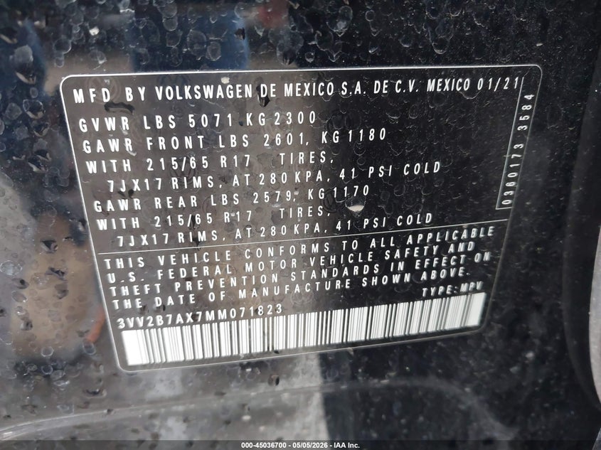 2021 Volkswagen Tiguan VIN 3VV2B7AX7MM071823 IAAI salvage auction — RIGHT SIDE, Salvage (Nebraska), sold $3,750 on 2026-07-09 (photo 9)