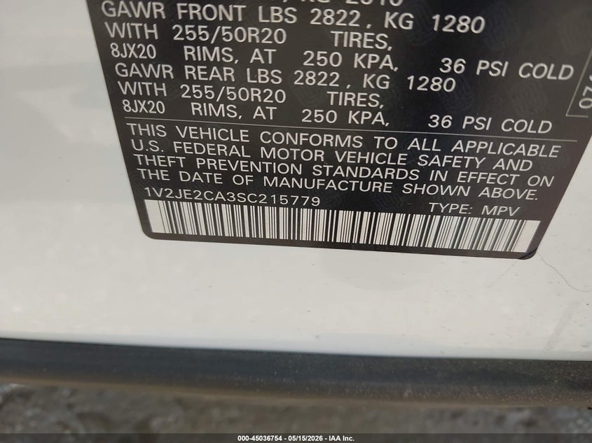 2025 Volkswagen Atlas cross sport VIN 1V2JE2CA3SC215779 IAAI salvage auction — FRONT END, Original (Texas), sold $11,200 on 2026-07-22 (photo 9)