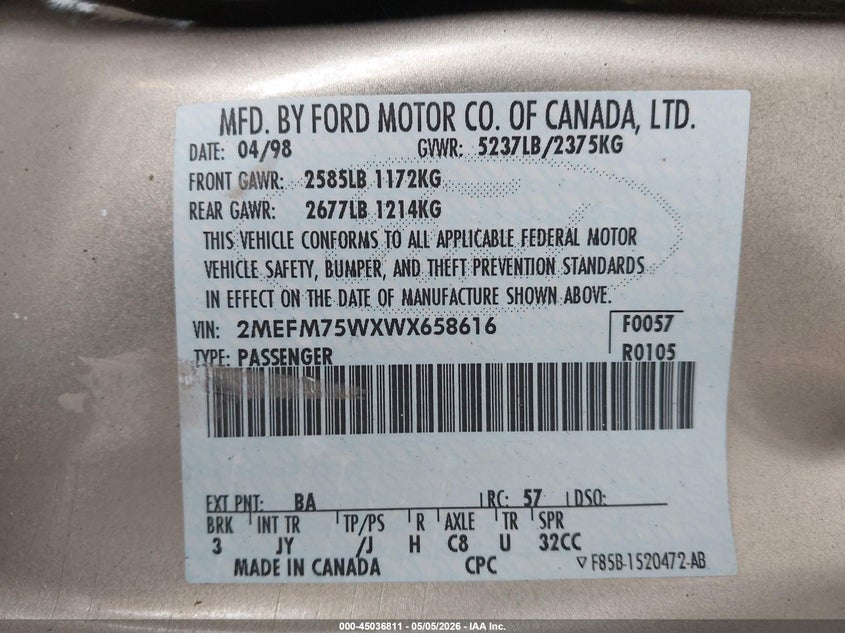 1998 Mercury Grand marquis VIN 2MEFM75WXWX658616 IAAI salvage auction — FRONT END, Bill Of Sale (Washington), sold $25 on 2026-07-22 (photo 9)