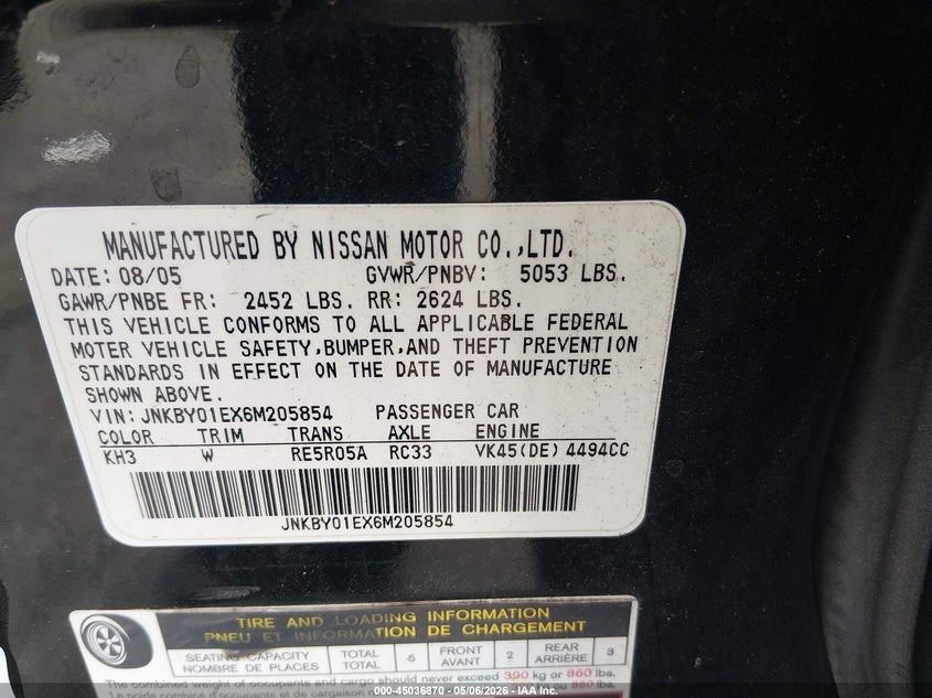 2006 Infiniti M45 VIN JNKBY01EX6M205854 IAAI salvage auction — FRONT & REAR, Salvage (South Carolina), sold $350 on 2026-07-08 (photo 9)