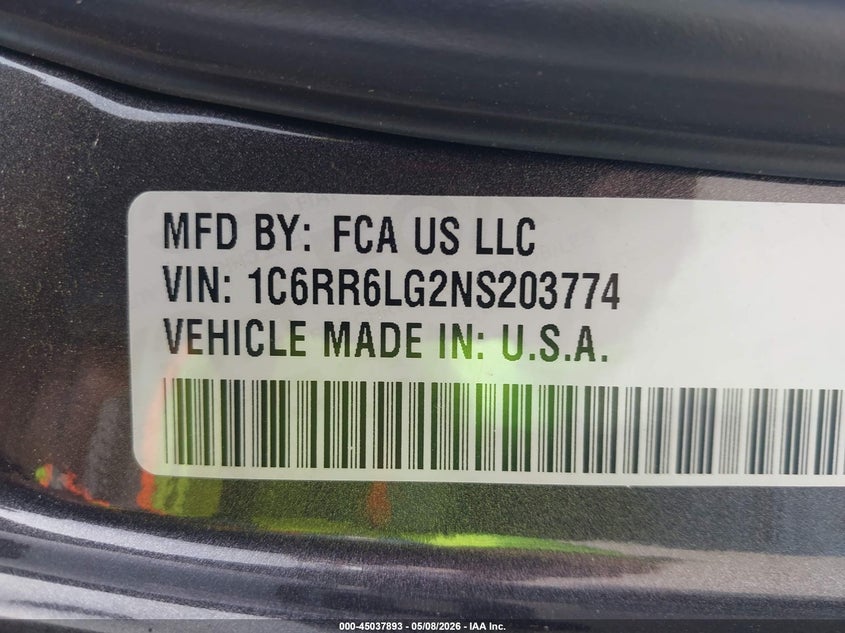 2022 Ram 1500 VIN 1C6RR6LG2NS203774 IAAI salvage auction — SIDE, Original (Texas), sold $7,000 on 2026-08-01 (photo 9)