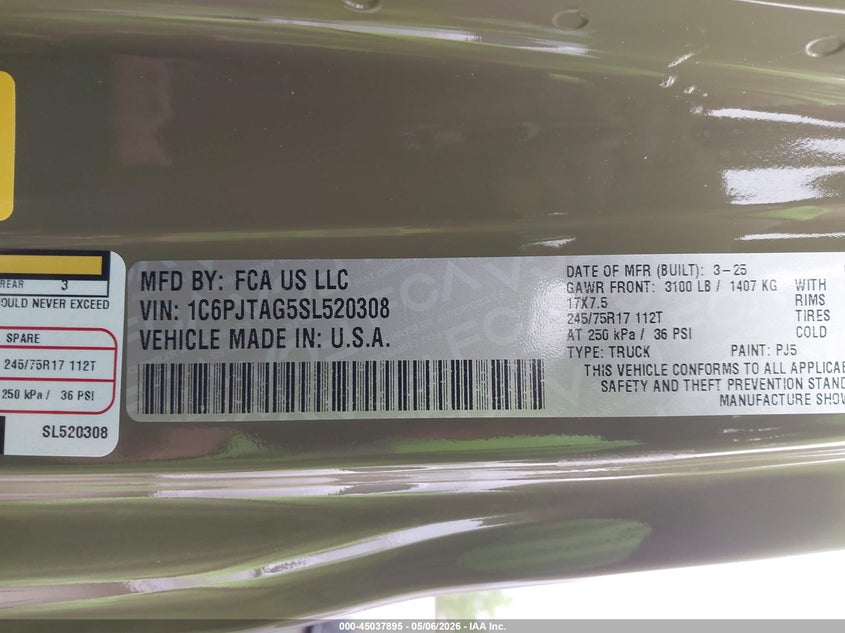 2025 Jeep Gladiator VIN 1C6PJTAG5SL520308 IAAI salvage auction — RIGHT FRONT, Salvage (North Carolina), sold $13,600 on 2026-07-31 (photo 9)