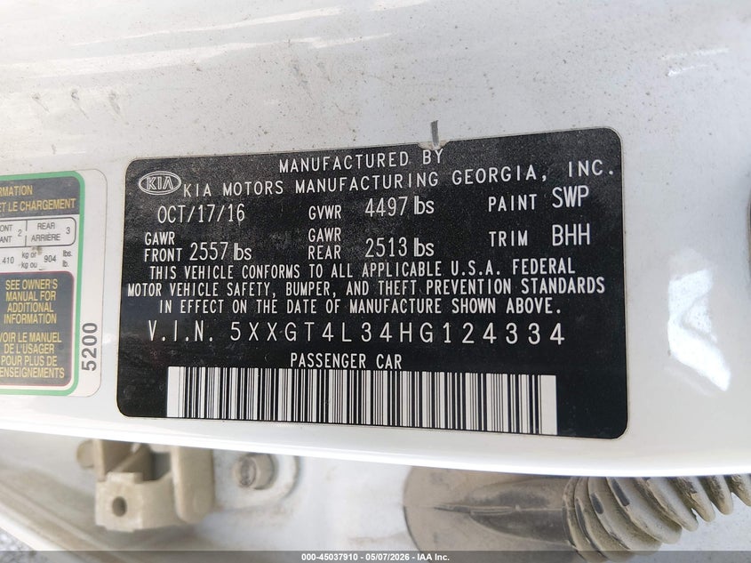 2017 Kia Optima VIN 5XXGT4L34HG124334 IAAI salvage auction — FRONT END, Salvage (Kentucky), sold $575 on 2026-07-22 (photo 9)