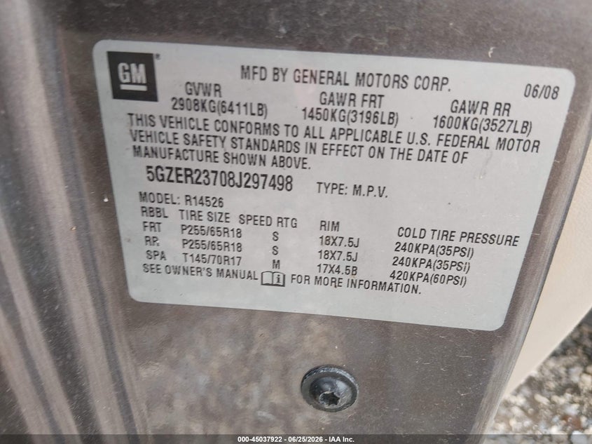2008 Saturn Outlook VIN 5GZER23708J297498 IAAI salvage auction — NORMAL WEAR, Clear (Arkansas), sold $225 on 2026-07-09 (photo 9)