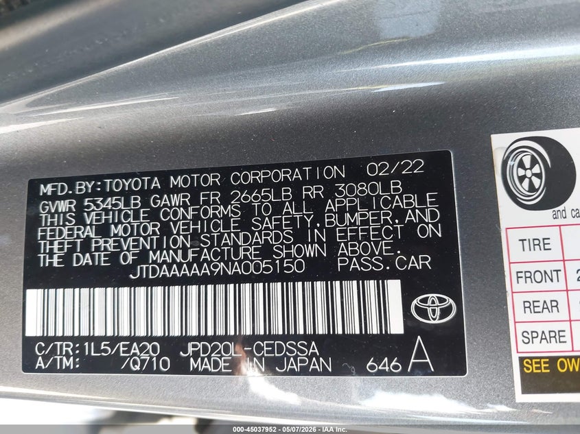 2022 Toyota Mirai VIN JTDAAAAA9NA005150 IAAI salvage auction — FRONT END, Salvage (California), sold $1,200 on 2026-07-20 (photo 9)