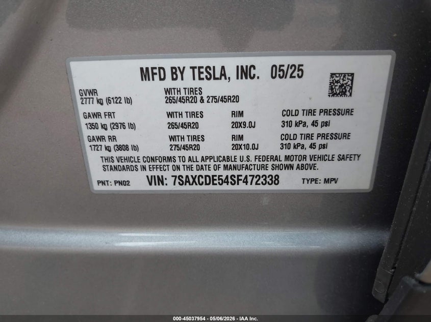 2025 Tesla Model x VIN 7SAXCDE54SF472338 IAAI salvage auction — FRONT END, Mv-907A (New York), sold $16,000 on 2026-07-09 (photo 9)