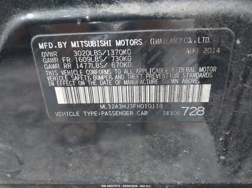 2015 Mitsubishi Mirage VIN ML32A3HJ3FH010118 IAAI salvage auction — NORMAL WEAR, Clear (Alabama), sold $225 on 2026-07-24 (photo 9)