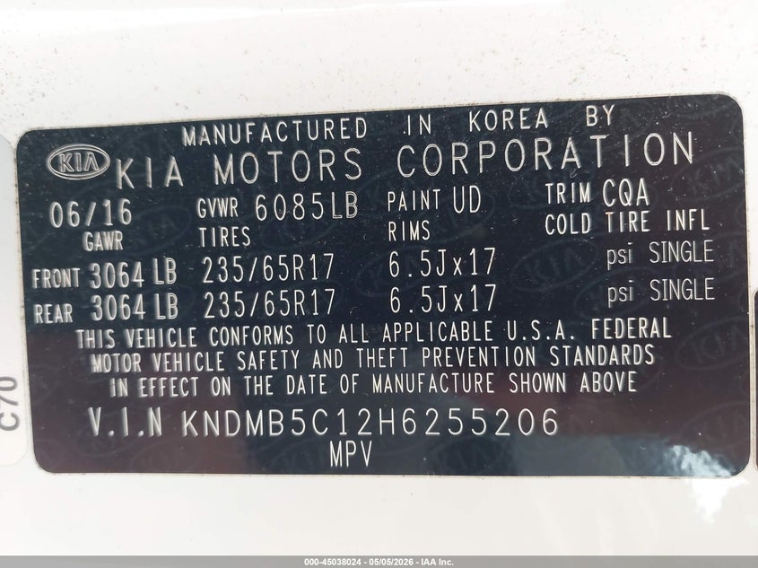 2017 Kia SEDONA VIN KNDMB5C12H6255206 IAAI salvage auction — REAR END, Original (Texas), sold $925 on 2026-07-09 (photo 9)