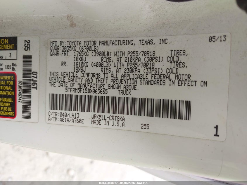 2013 Toyota Tundra VIN 5TFRM5F15DX063665 IAAI salvage auction — LEFT SIDE, Salvage (Georgia), sold $1,950 on 2026-07-21 (photo 9)