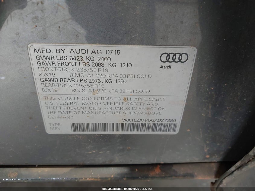 2016 Audi Q5 VIN WA1L2AFP5GA027386 IAAI salvage auction — LEFT SIDE, Salvage (North Carolina), sold $1,300 on 2026-07-23 (photo 9)