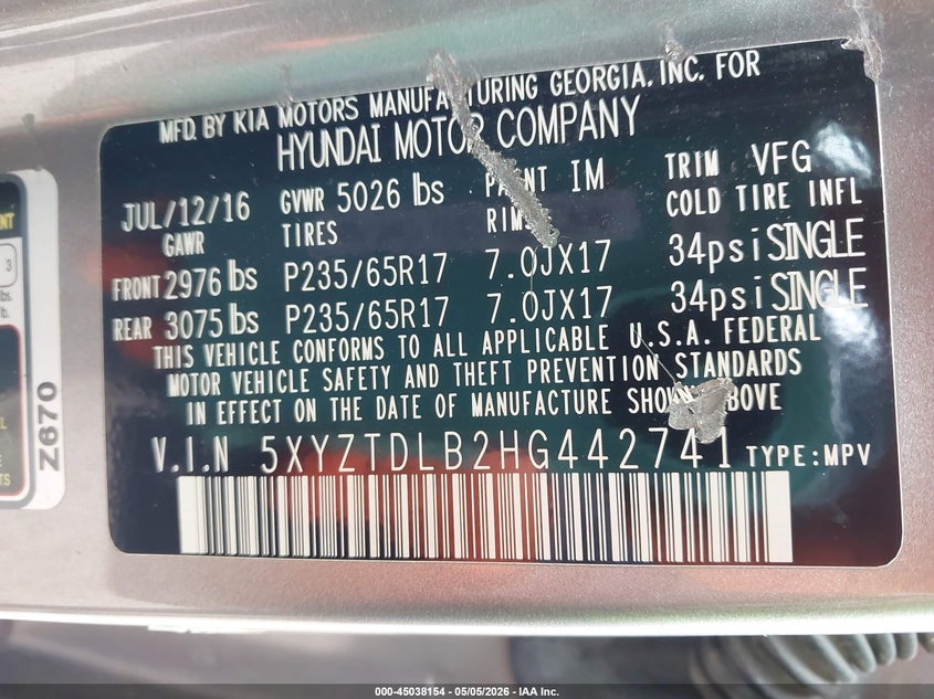 2017 Hyundai Santa fe VIN 5XYZTDLB2HG442741 IAAI salvage auction — UNKNOWN, Salvage (Illinois), sold $1,850 on 2026-07-21 (photo 9)