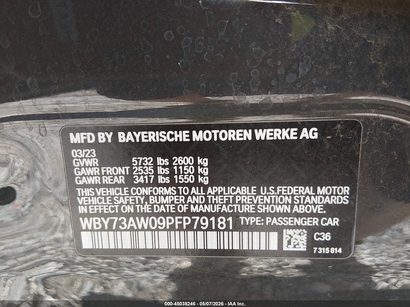 2023 BMW I4 VIN WBY73AW09PFP79181 IAAI salvage auction — FRONT END, Salvage Title, sold $9,600 on 2026-08-31 (photo 9)