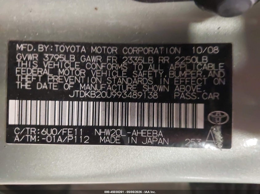 2009 Toyota Prius VIN JTDKB20U993489138 IAAI salvage auction — NORMAL WEAR, Salvage (Texas), sold $625 on 2026-07-29 (photo 9)